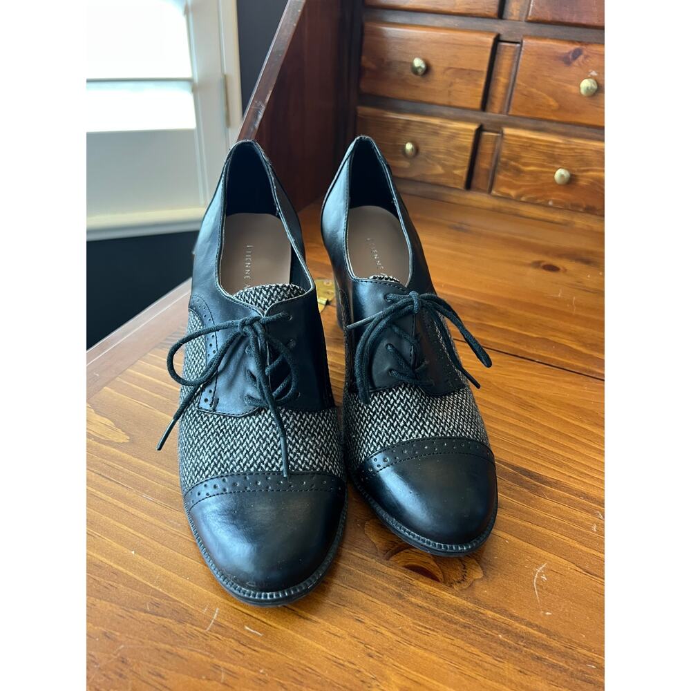 Etienne Aigner Odell Tweed Oxford Heels 8 Black Brogue Chunky Dark Academia